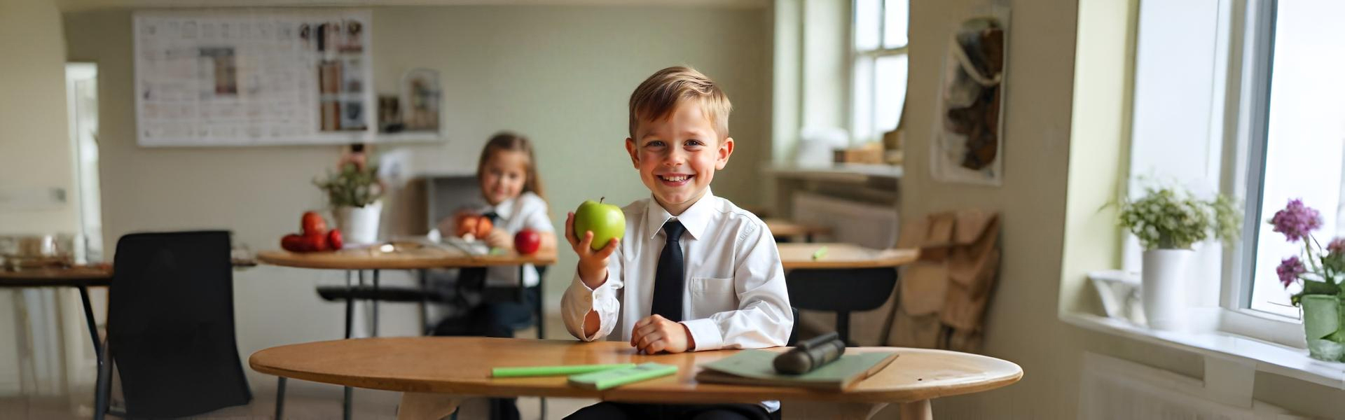 An easy child pick for his or her school lunch is an apple. This young man is very happy about his green apple. That smile says it all